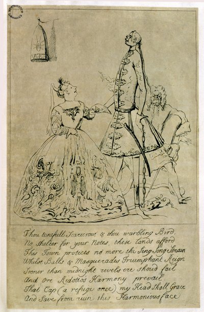 Thou Tuneful Scarecrow and Thou Warbling Bird, caricature of Farinelli, Cuzzoni and Heidegger, said to have been etched from a design by the Countess of Burlington by Joseph Goupy